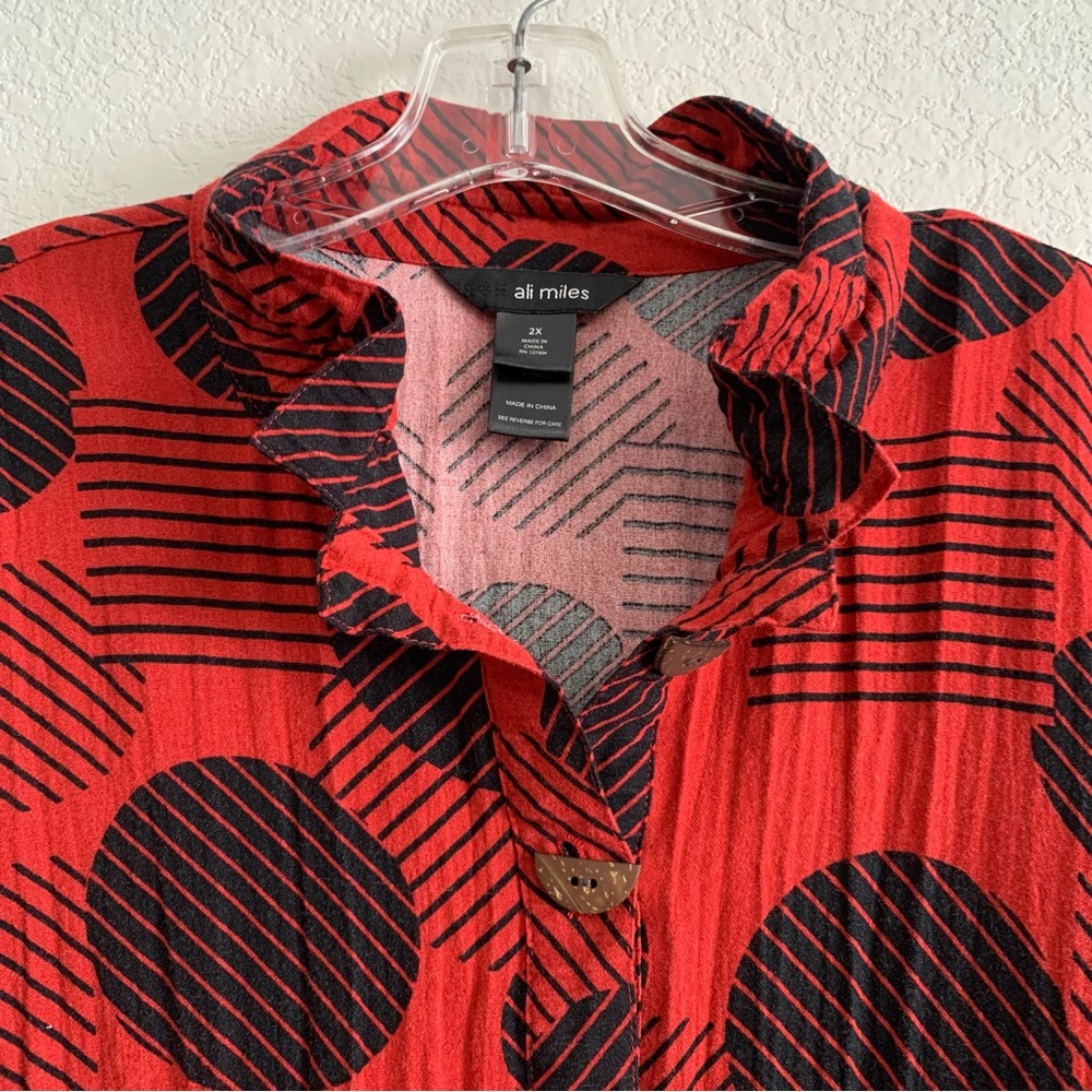 Ali Miles Blouse Top Womens 2X Wired Collar Popover Pockets Geometric Dots Artsy - Picture 3 of 16
